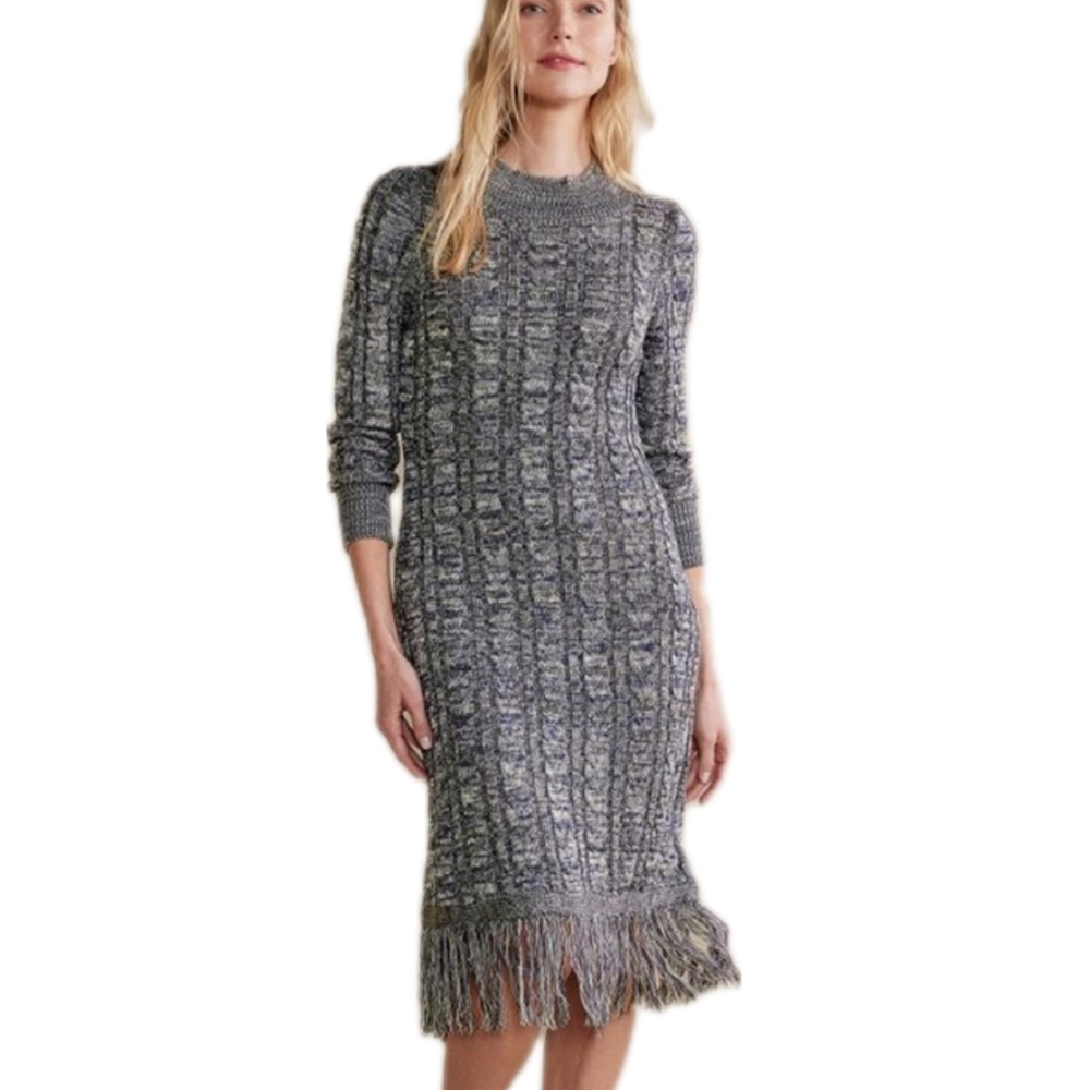 Soft Surroundings Neve gray mock neck Cable Knit Fringe hem Sweater Dress XL NWT